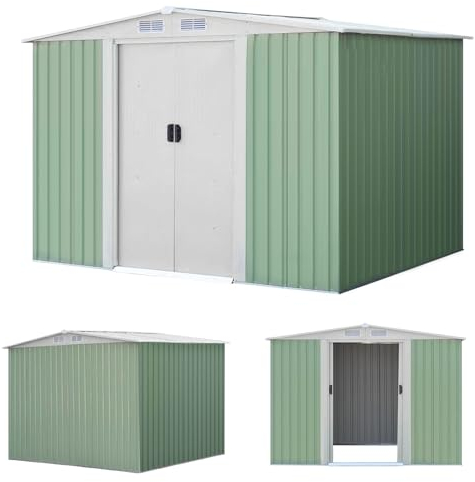 HOMASIS Capannone in metallo per attrezzi, capannone da giardino esterno con porte scorrevoli, capannone con tetto a due falde per giardino, patio, 257 x 205 x 175,5 cm, verde