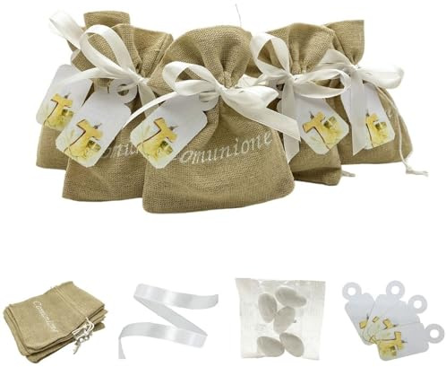 Doni Bomboniere Lot de 12 sachets porte-dragées en jute Havane avec inscription communion 12 étiquettes percées croix et calice personnalisable, 12 sachets confettis MAXTRIS blanc au chocolat Gadget