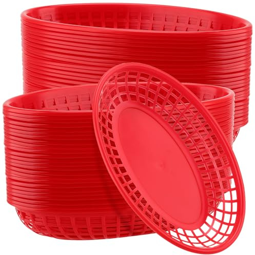 PINGEUI 60 Pack Red Fast Food Basket, Plastic Oval Food Basket Food Serving Baskets for Burgers, Sandwiches, Chip 23 x 14.5 x 4cm