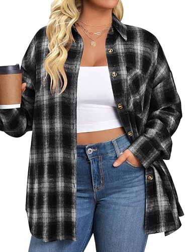 IN'VOLAND Womens Plus Size Flannel Plaid Shirts Long Sleeve Casual Collared Button Down Shirt Loose Blouse Top Black