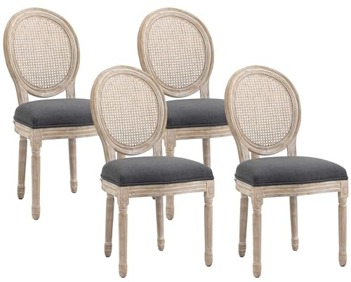 HOMCOM Lot de 4 chaises de Salle à Manger - Chaise de Salon médaillon Style Louis XVI - Bois Massif sculpté, patiné - Dossier cannage - Aspect Lin Gris