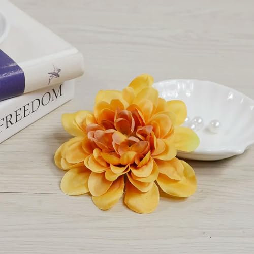 WSFSDAN Künstliche Seiden-Dahlie, Chrysanthemen-Blütenköpfe für Heimwerker, Hochzeit, Wand, Haus, Garten, Dekoration, Zubehör, Requisiten, Gelb, 5 Stück