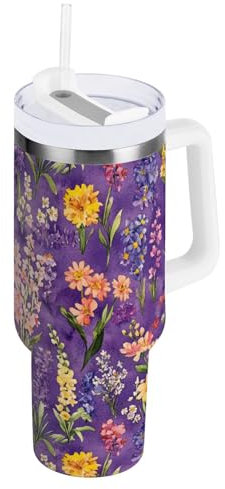 linqin Vaso aislado al vacío con diseño de flores de acuarela, tapa a prueba de fugas y pajilla, botella de agua de 40 onzas, taza de café portátil de boca ancha para agua, té helado o café