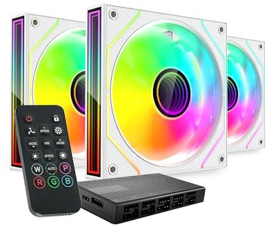 MARS GAMING MF-3DPROKIT, Kit med 3x 120mm PWM Fläktar, ARGB 3D Infinity Mirror-belysning, PWM-styrsystem, FDB-lager, Fjärrkontroll och HUB 10 Portar, Full ARGB-Kompatibilitet, Vit