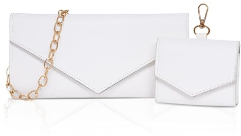 Larcenciel Clutch Weiß, Elegant Leder Handtasche mit Kleiner Brieftasche, Mode Envelope Abendtasche mit Kette für Party Date