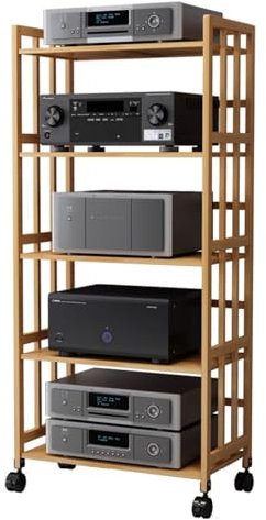 WLCGYD Audio Rack HiFi Regal Audio-Platzierungsgestell, Höhenverstellbares Bambus-Verstärkergestell Mit Rädern, Organizer Für Unterhaltungs-Stereokomponenten(H-158cm/62.2in,L-50cm/19in)