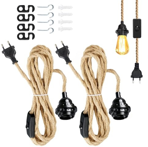 2 Stück Hanfseil Pendellampe Kit, Vintage Lampenfassung Pendelleuchte, Lampenkabel Hängende Leuchte 4.5M, Lampenfassung E27 mit Stecker Schalten, DIY Einzelkopf Hängeleuchte für Industrie, Bar, Balkon