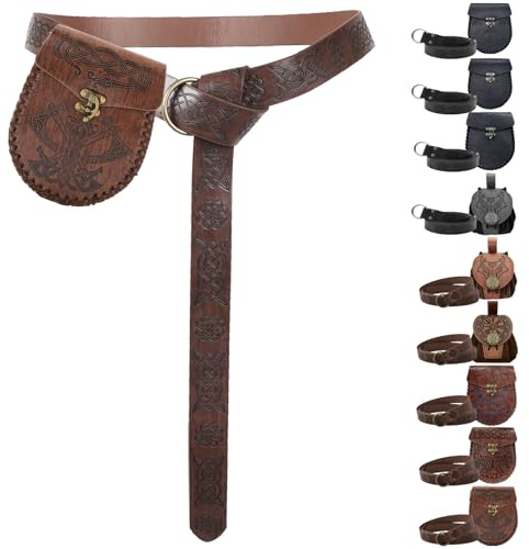 AUNGCSHE 2PCS Cinturón Medieval y Bolsa de Cuero Sintético, Cinturón Vikingo, Adecuado Disfraz Medieval Hombres y Mujeres, Disfraz Vikingo, Juegos De Rol Renacentistas (Hacha marrón)