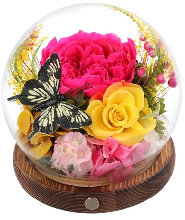 Loveliome Long-Lasting Real Preserved Flowers in Glass Dome - Unique Starfish or Butterfly Eternal Roses Gift with LED Lights for Women Monther Indoor Decoration, Butterfly and Hot Pink Yellow Rose