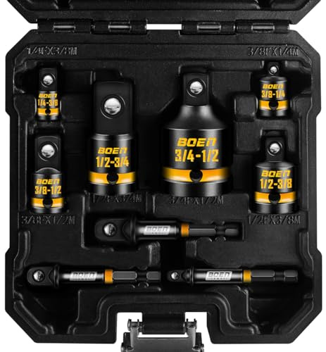 BOEN 9-Piece Impact Socket Adapter & Reducer Set, 1/4 & 3/8 & 1/2 &3/4 Drive Socket Adapter Set with Deep Embossed & Painted Markings, Include 1/4 Drive SAE Hex Shank Adapters