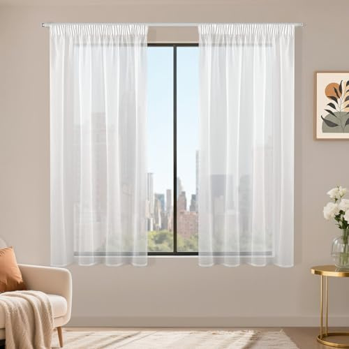 Runyéla Stores Gardinen mit Kräuselband 2er Set, Voile Schiebegardinen 140 x 120 (HxB), Transparent Gardine, Vorhang Weiß, Vorhänge für Wohnzimmer Schlafzimmer Sheer Curtain