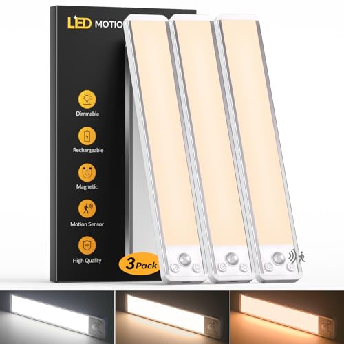 Schrankbeleuchtung mit Bewegungsmelder 25 cm (3er-Set), 3-Farbtemperaturen | 1800mAh Langlebiger Akku, Dimmbar, USB-C Wiederaufladbar, Magnetische, Bohrfrei, Aluminium, für Küche/Regal/Treppe/Nachttisch