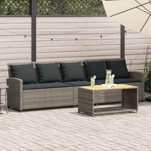 Yunovire Gartensofa 5-Sitzer, Grau Poly Rattan Loungesofa mit Kissen, Robustes Outdoor Sofa Set, 280 cm Breite, Wetterfest für Terrasse, Balkon, Garten