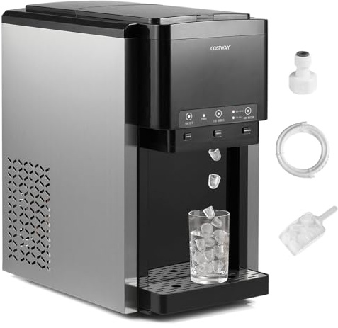 COSTWAY 3 in 1 Distributore d'Acqua con Macchina per Ghiaccio, Macchina per Ghiaccio, Capacità Giornaliera di 20 kg, 12 Pezzi/9 Min, Riempimento Acqua Manuale/Automatico per Cucina e Ufficio