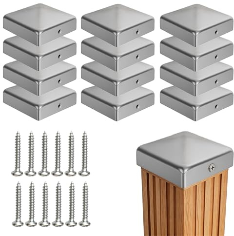 BORDEAG 12 Stück Pfostenkappen 9X9CM,Edelstahl Pfostenkappe,Zaunpfosten Kappen,Abdeckkappe Für Pfosten,Abdeckkappe Metall Für Zaun Und Garten,Terrassenpfosten,Holzpfosten(Silber)
