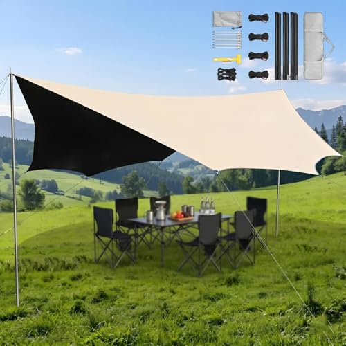 Vela Ombreggiante Impermeabile, Tende Da Spiaggia E Telo Tende Da Sole Portatile, Protezione Uv Antivento 4.4x4.5m/4.4x5.6m Con Pali Per Mare E Escursionismo(Opaline,450x440cm)