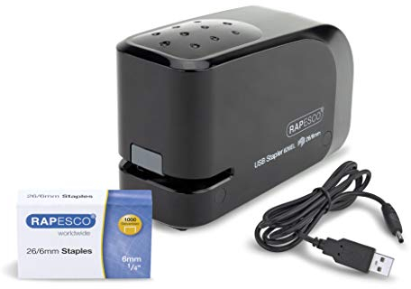 Rapesco 1454 626EL Automatisches USB/Batterie Heftgerät mit 1000 26/6mm Heftklammern, 15 Blatt Heftleistung, Schwarz