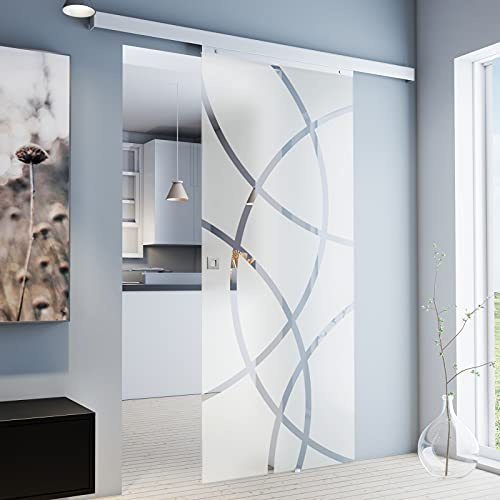 inova Glas-Schiebetür Komplettset 880 x 2035 mm Kreis Design 8 mm ESG Alu Lauf-schiene mit Quadratgriff+ beidseitiger Softclose
