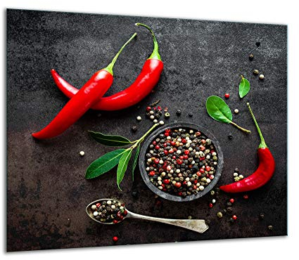 TMK ArtDeko – Herdabdeckung - Spritzschutz Glasplatte 1 Teilig 60x52 cm – Herdschutz aus Sicherheitsglas – Robust, Hygienisch & Rutschfest– Schutz für Induktion, Ceran, Gas & Elektro - Chilli Gewürze