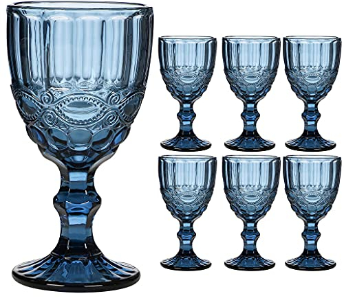 Dibor Wine Glass Set of 6 Blue Baroque Embossed 300ml Drink Goblets