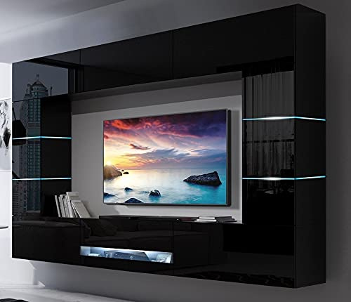 Furnitech Wohnwand Mit LED RGB - 16 Farben, Hängend Moderner Schrankwand Mit Regalen Und TV-Schrank (Future 62/HG/B/1 1B)