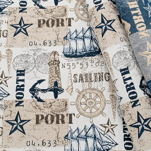 Stoffkontor Jacquard Dekostoff Doubleface Stoff Ship on Sea - Meterware, Farbe Beige-Blau - zum Nähen von Tischwäsche, Kissen, Vorhängen, Dekoartikeln UVM.