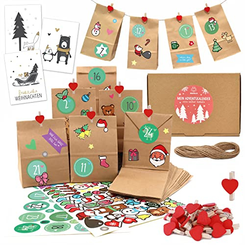 OWLBOOK® Adventskalender zum Befüllen | Adventskalender 2025 Tüten | Weihnachtskalender zum befüllen | 24 Papiertüten mit Aufkleber + Schnur + Klammern | Geschenktüten zu Weihnachten