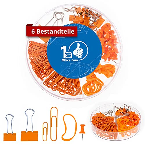 Dynatech Office-Set 170 teilig aus Büro-Klammern Klein/Groß, Pinnwandnadeln, Heftklammern in Groß und Klein und Gummibändern - Premium Büroartikel orange