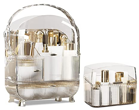 Galatée Retro Serie 180°Drehbar Tragbare Make Up Organizer Kosmetikbox Kosmetische Aufbewahrungs Box Mit Staubdichtem Deckel, Beauty Organizer - Hochtransparentes Weiß + Lippenstiftbox