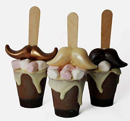 Set of 3 Hot Chocolate Stirrers Spoons Sticks with Marshmallows and Mustachewith. Gourmet Chocolate Spoon for Stirring. Handmade Individually Wrapped Gift for Chocolate Lovers