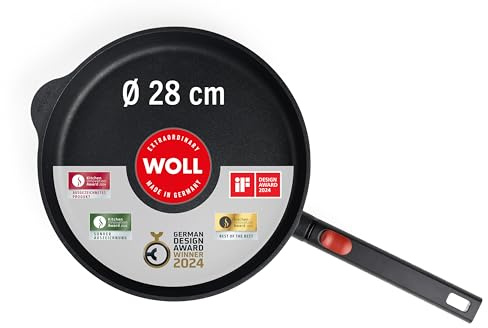 Woll Eco Logic QXR Cast Flat Pan Inductive Diameter 28 cm Height 5 cm with Removable Handle Suitable for All Hob Types PFAS-Free Non-Stick Coating Cast Aluminium Oven-Proof Black