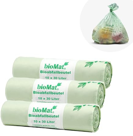 bioMat Kompostierbare 30l Biomüllbeutel, 30 Tüten, Premium-Qualität, DINplus Zertifiziert, Klimaneutral, Made in Germany