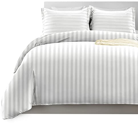 Imperial Rooms King Size Duvet Cover Sets Reversible Stripes Satin Bedding Set with Pillowcases Breathable Microfiber Duvet Covers (White 230x220 Cm)