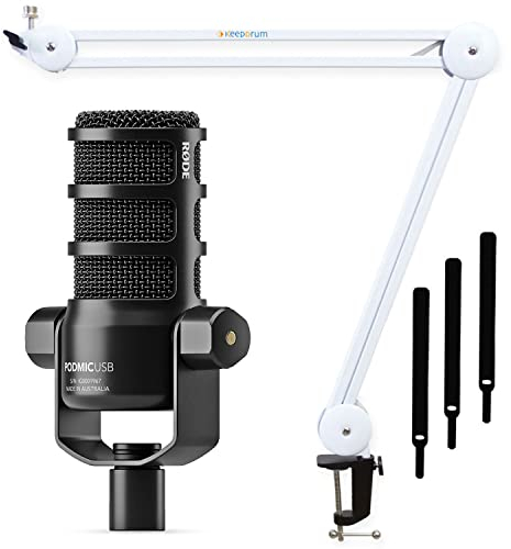 RØDE Podmic USB Sprecher Mikrofon mit XLR und USB-C Anschluss + keepdrum Gelenkarm MS138 Weiss
