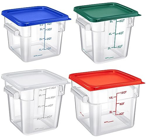 Huwena Set di 4 contenitori per alimenti, quadrati, trasparenti, con coperchi, per ristoranti e commerciali, per marinatura di carne, pasta lievitata (4 litri, 6 litri, 8 qt, 12 qt)