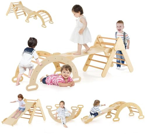 GOPLUS 7 en 1 Triángulo de Escalada para Niños de 1 Año, Montessori Escalador con Tobogán Rampa Arco, Juguetes de Escalada de Madera, Slide Aprendizaje para Guardería Casa, Carga 50 kg (Natural)