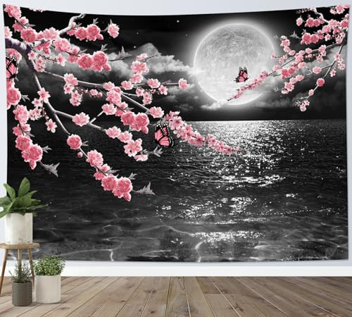 LB Wandteppich Schwarzes Meer Wandtuch Schmetterling auf rosa Blumenbaum Wandbehang Vollmond-Nacht-Szenerie Tapisserie für Wohnzimmer Schlafzimmer Wohnheim Wanddeko,150x130cm