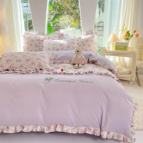 GETIYA Romantisch Lila Bettwäsche 135x200 Blumen Bettwäsche Rüschen Mikrofaser Bettbezug Blumen Muster Mädchen Damen Bettbezug mit Rüschen Einzelbett Deckenbezug mit 1 Kissenbezug 80x80