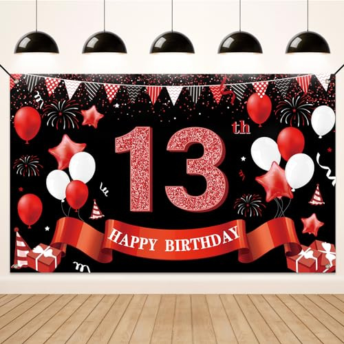 Koliphy 13. Geburtstagsbanner, 13. Geburtstag Deko für Jungen Mädchen, Stoff 13. Birthday Banner Hintergrund Party Dekoration Drinnen und Draußen (Schwarz Rot)