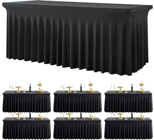 6 Pack Schwarz Dehnbare Spandex Tischdecke für 1.8m Rechteckige Tisch, Waschbare und knitterfreie Stretch Tischdecke Rechteckig für Partys Veranstaltungen, Hochzeiten, Bankette, [183Lx76Wx74H] cm