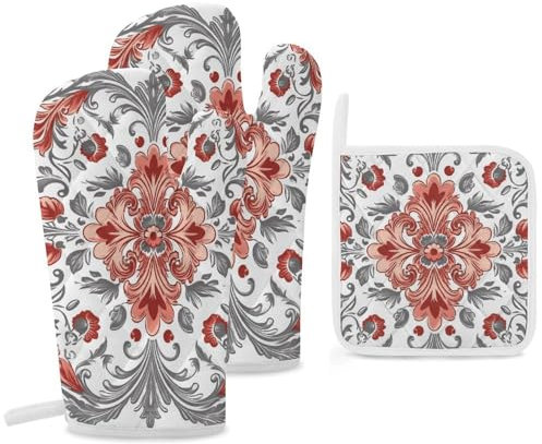 Lot de 3 gants de cuisine et maniques résistants à la chaleur - Motif fleurs rouges et grises - Gants de barbecue - Gants de cuisine pour cuisine et grillades
