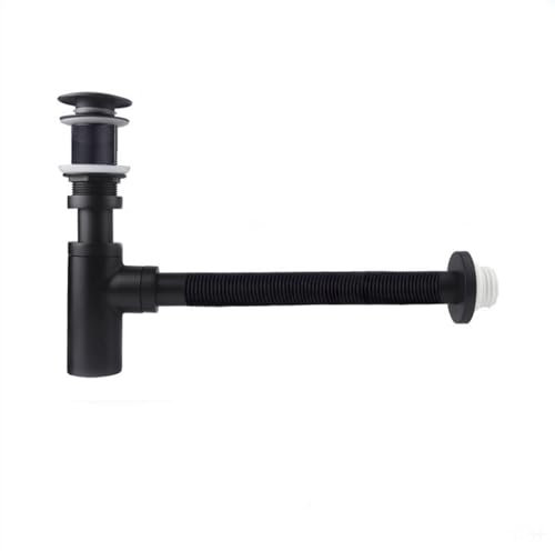 Siphon de Lavabo Siphon d'évier de salle de bain en laiton de 30 cm avec siphon d'évier de salle de bain flexible avec tuyau de vidange noir ou chromé.(Black without hole)