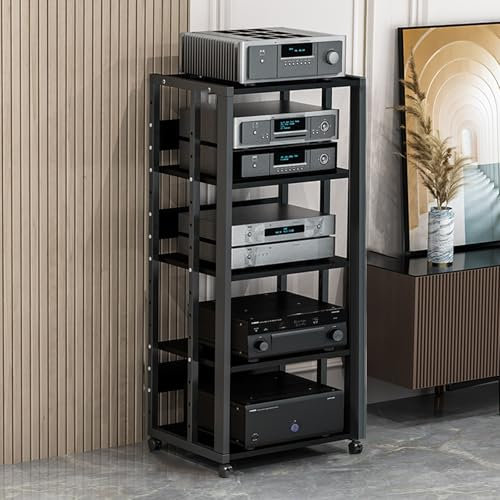 Mueble hifi，gabinete estéreo de madera estante de audio，sala de estar almacenamiento medios gabinete，mueble tocadiscos，mueble hifi rack，mueble equipo hifi con ruedas，Gabinete Almacenamiento Medios(Bla