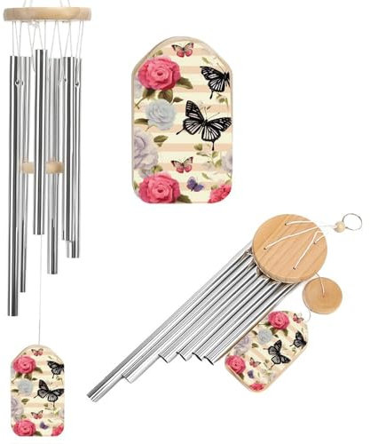 Windspiel mit gestreiften Blumen und Schmetterlingen für draußen, einzigartige Aluminiumröhren, Gedenk-Windglocke, groß, tiefer Ton, Windspiel für Terrasse, Garten, Dekoration, Geschenk für Mutter,