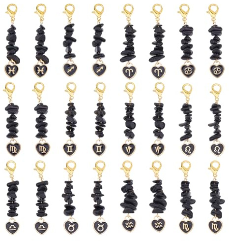 SUPERFINDINGS 24 Stück 12 Stile Edelstein 12 Sternbilder Herzanhänger Natürliche Obsidian Chips Perlen Emaille Legierung Sternzeichen Anhänger Chakra Anhänger Für Schmuck Schlüsselanhänger