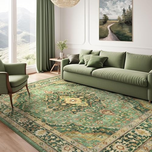 AAFUOO Grüner Teppich, Teppich für Wohnzimmer und Schlafzimmer, waschbarer orientalischer Vintage-Teppich, große rutschfeste Teppiche, Used-Look-Teppich für Esszimmer (Bordüre), 150 x 180 cm