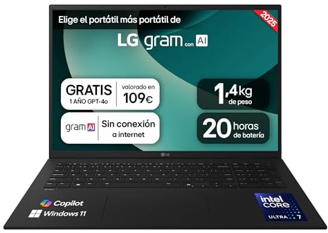 LG gram 17Z90T-G.AA78B Portátil 17 Pulgadas, WQXGA IPS, Intel Core Ultra7, 16GB RAM, 1TB SSD, Batería hasta 20h, 1.350 g, Antirreflejo, Windows 11, Negro
