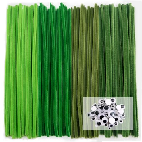 TOAOB 300 Stück Pfeifenputzer zum Basteln 4 Verschiedene Dunkle Grün | Pfeifenreiniger 6 mm x 30 cm, Pipe Cleaner Basteln Set, mit Wackelaugen Selbstklebende, für DIY Handwerksprojekte