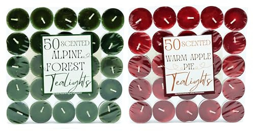 Europe Centre - 100pk Tea Light Candles 50pc Alpine Forest & 50pc Warm Apple Pie, Scented Tea Lights, Long-Lasting Tealights, Relaxation, Romantic Dinners, Weddings, Festive Decor, Cosy Evenings