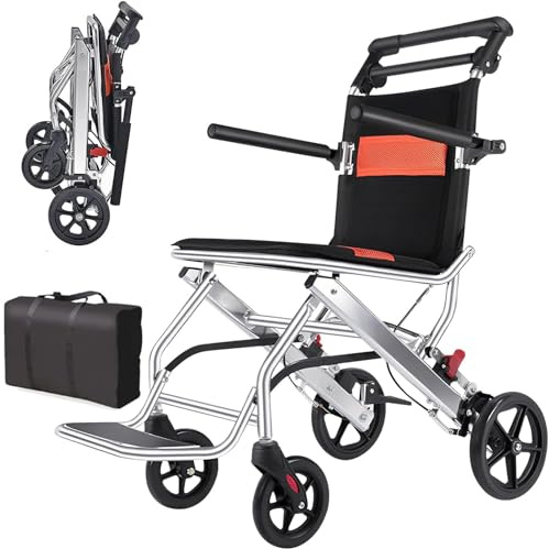 Silla de ruedas plegable ligera y portátil con freno de mano, aleación de aluminio, soporta hasta 220 libras, ideal para adultos, niños y ancianos viajes